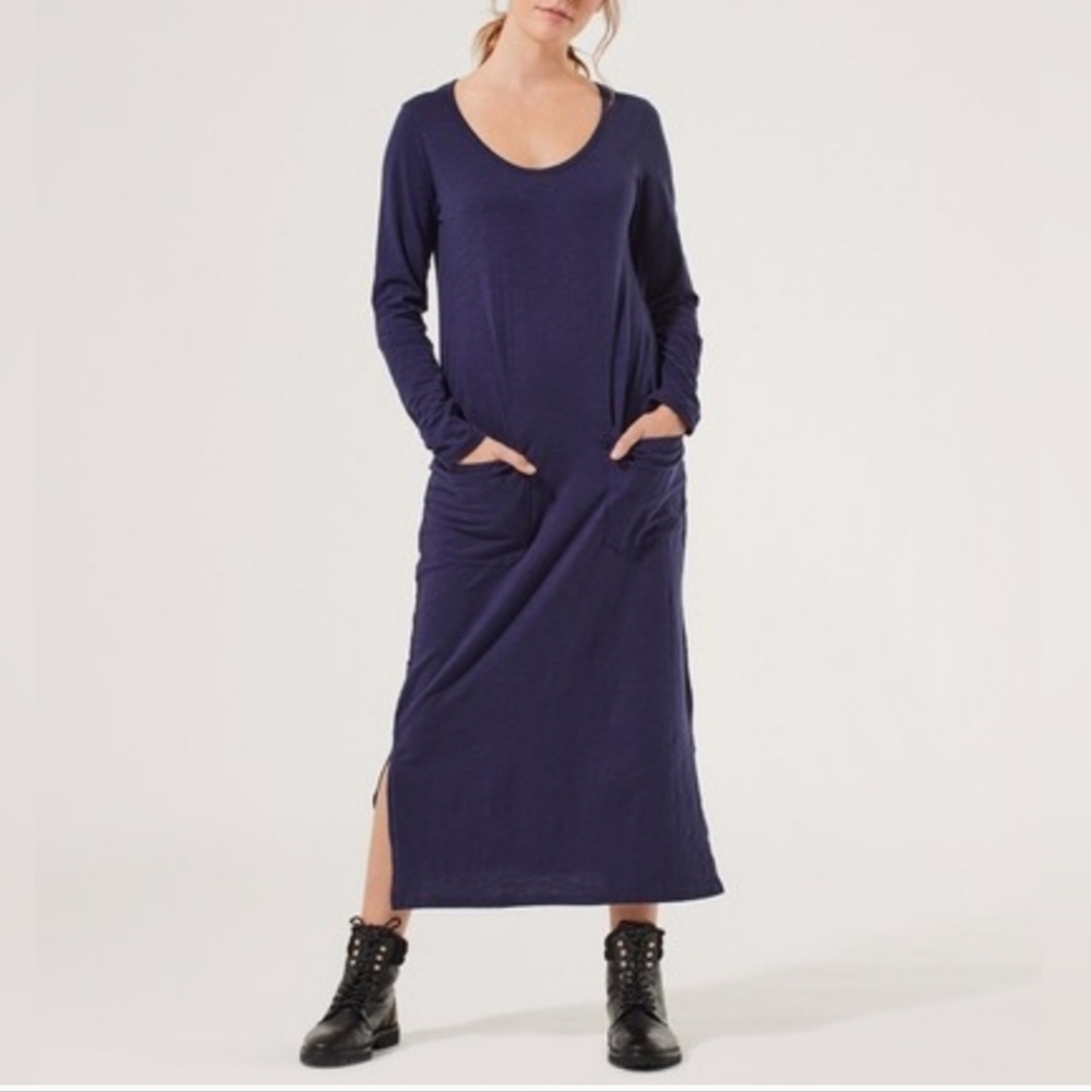 PACT Organic Cotton Easy Slub Long Sleeve Midi Dress Navy XS pockets